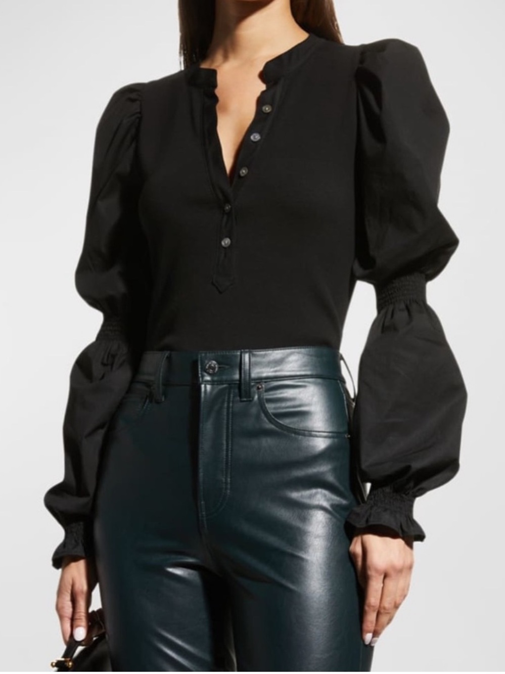Veronica Beard Effy Poet Smocked Puff Sleeve Top Mixed-Media V-Neck Black Sz S